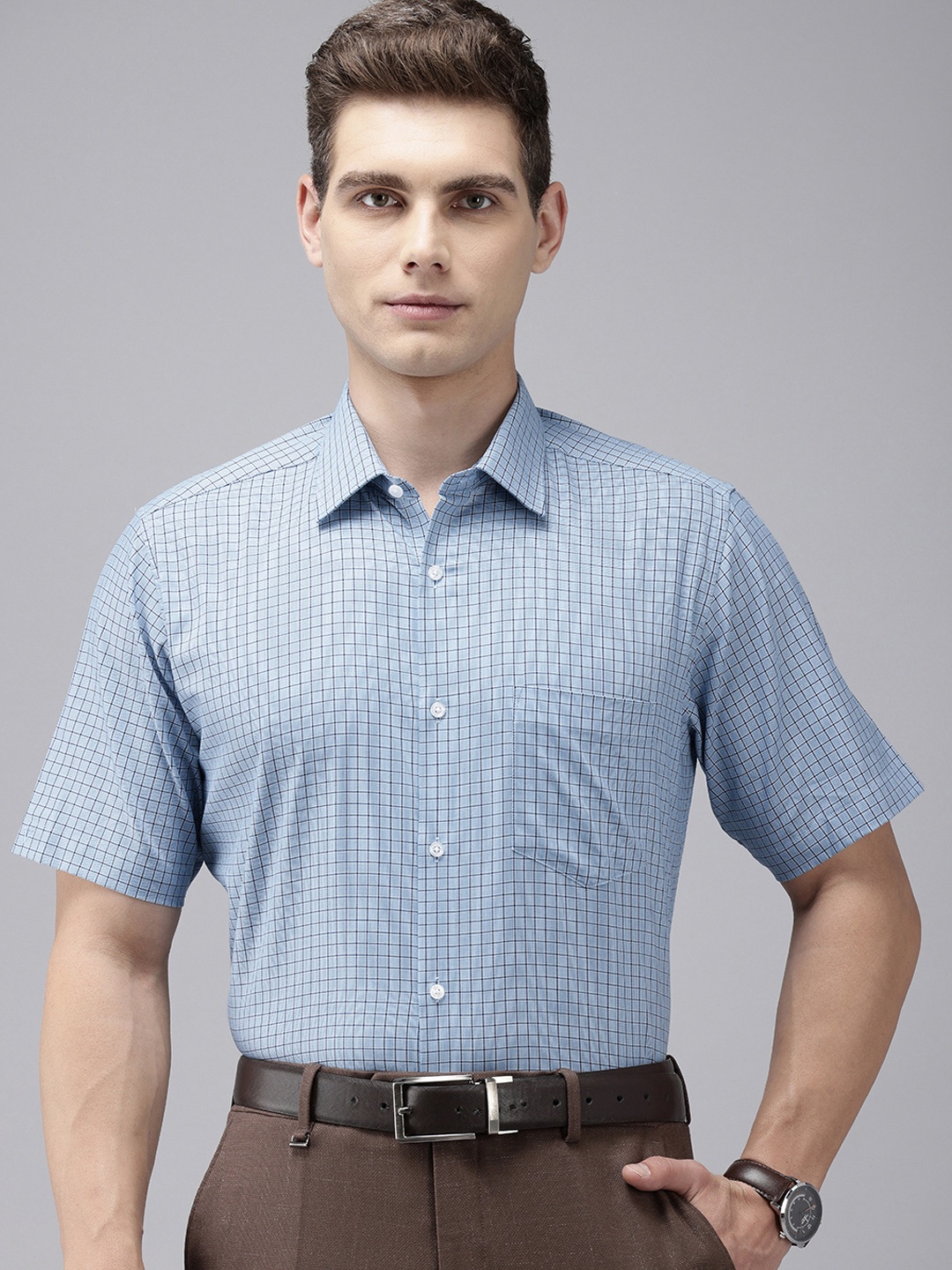 

Van Heusen Pure Cotton Custom Grid Tattersall Checked Formal Shirt, Blue