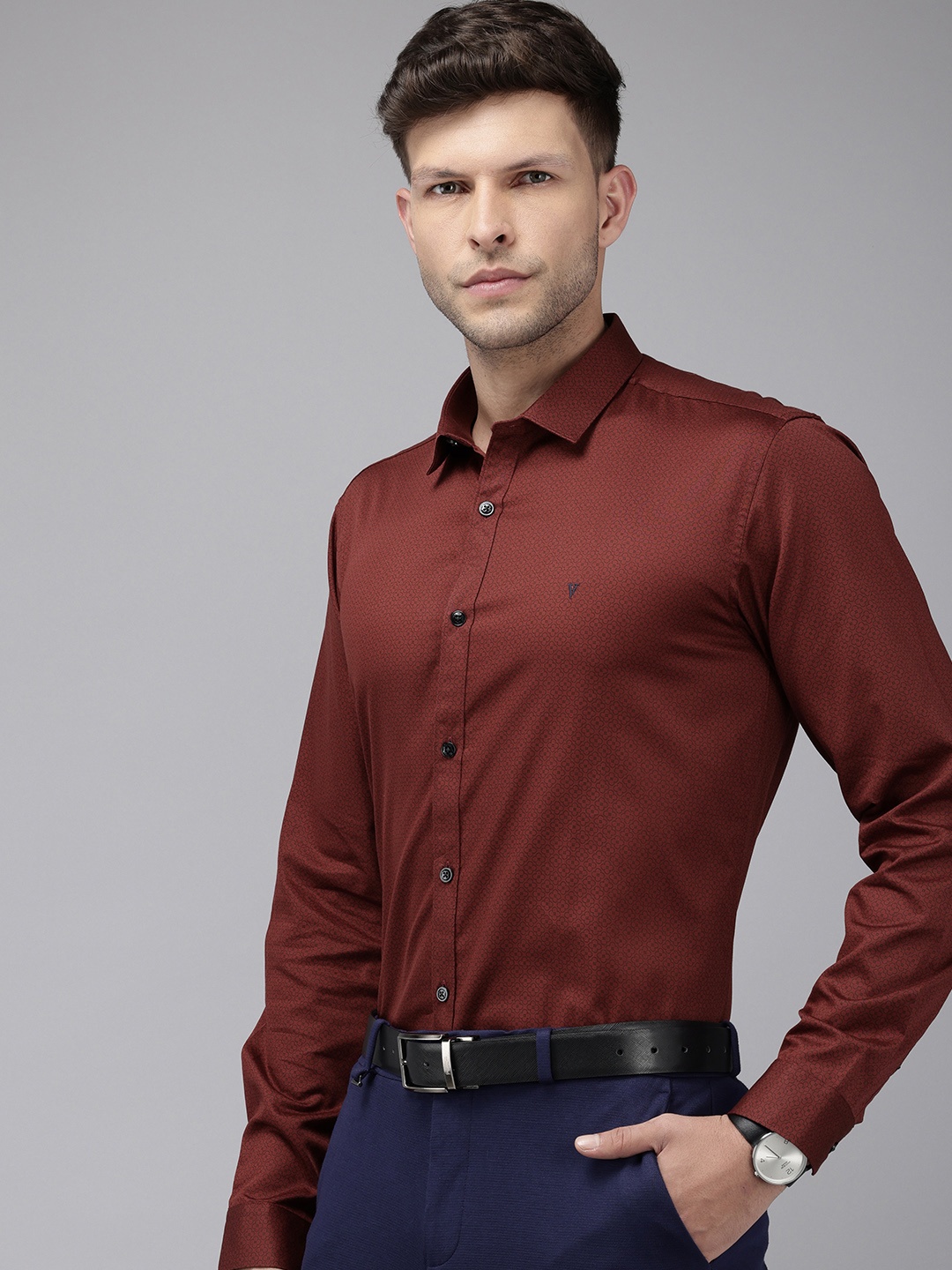 

V Dot Slim Fit Floral Printed Pure Cotton Formal Shirt, Rust