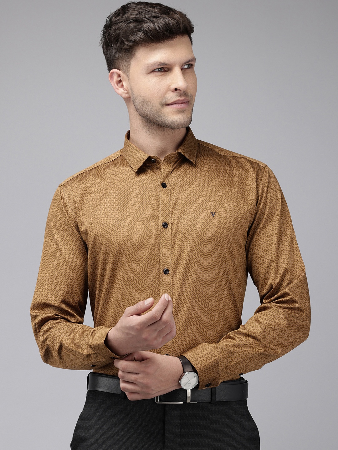 

V Dot Slim Fit Printed Pure Cotton Formal Shirt, Brown