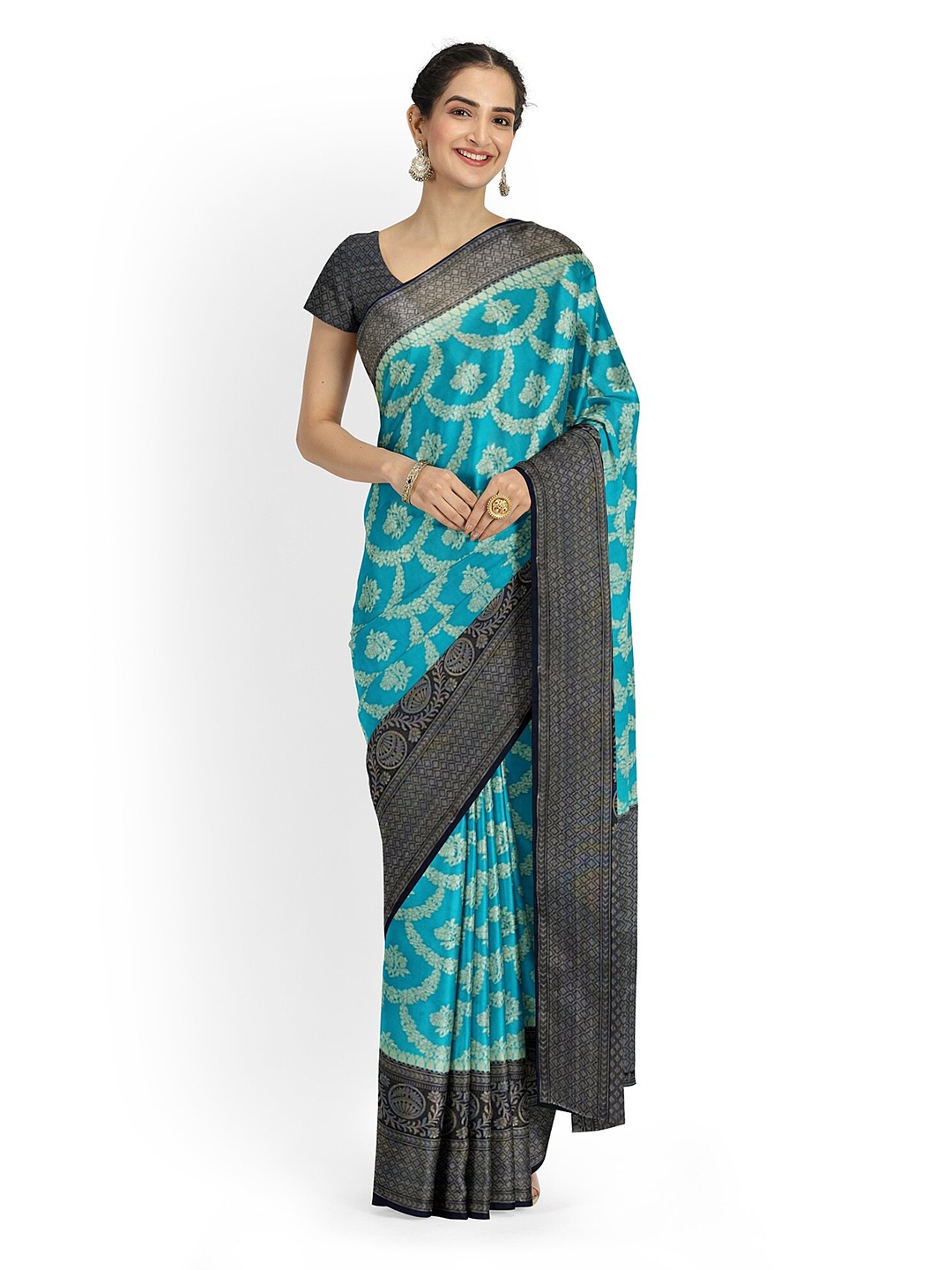 

Muskan Fashion Ethnic Motifs Woven Design Zari Pure Silk Banarasi Saree, Turquoise blue