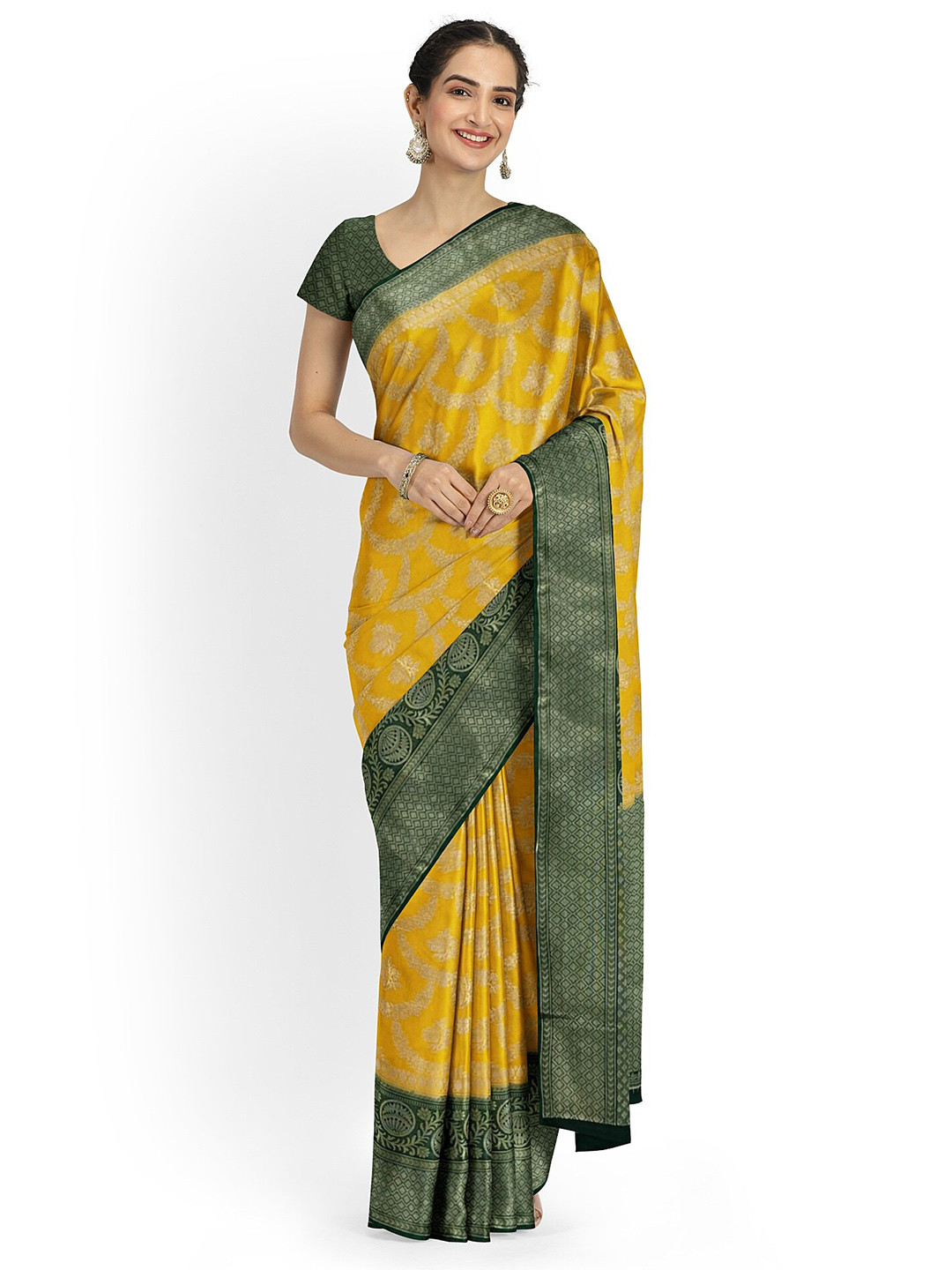 

Muskan Fashion Ethnic Motifs Zari Pure Silk Banarasi Saree, Mustard