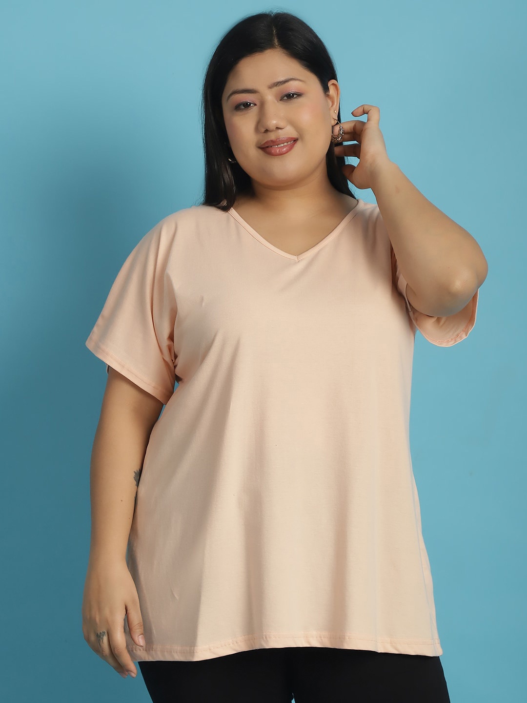 

theRebelinme Plus Size Extended Sleeves V Neck Pure Cotton T-shirt, Peach