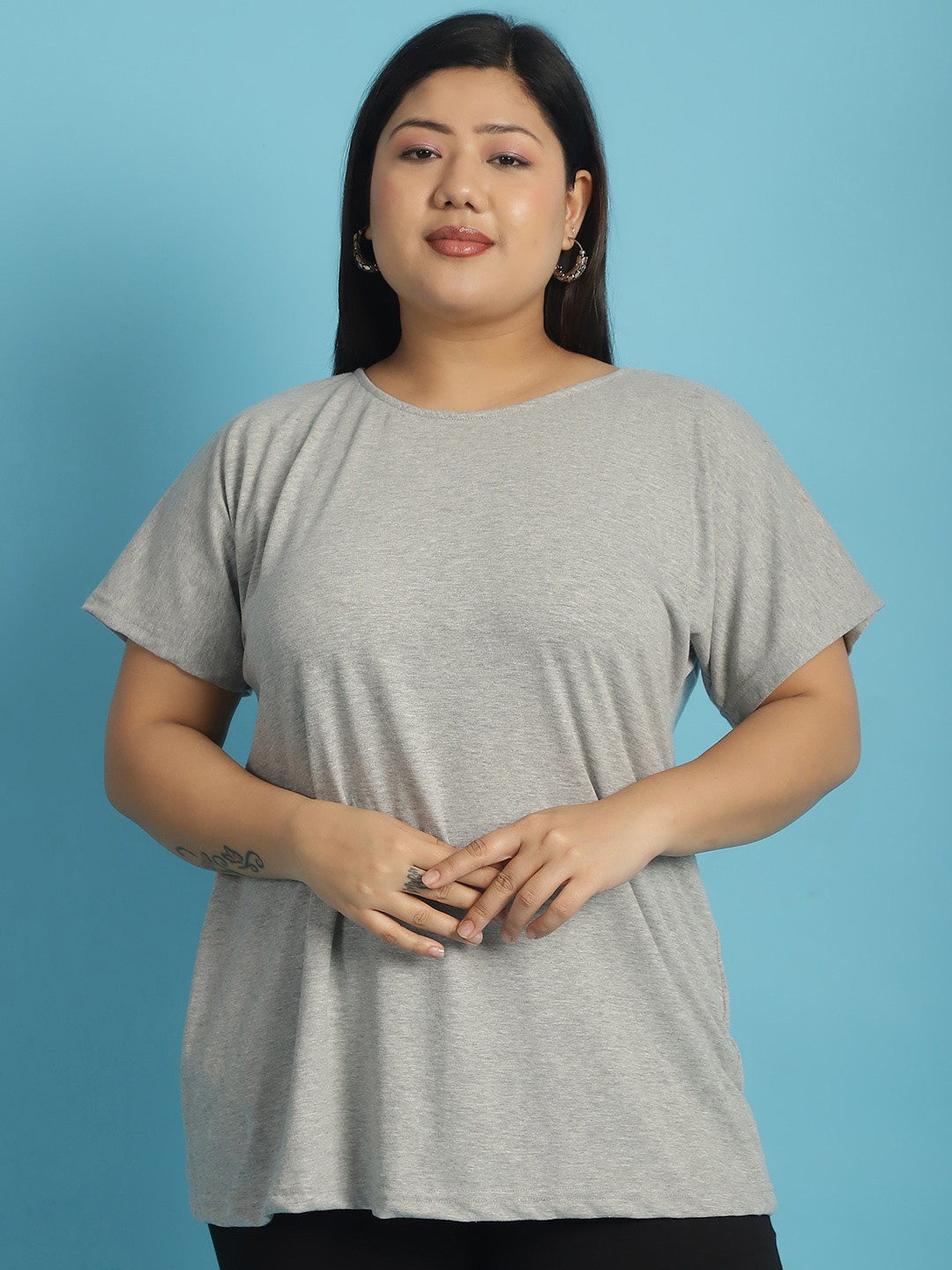 

theRebelinme Round Neck Short Sleeves Cotton Plus Size T-shirt, Grey