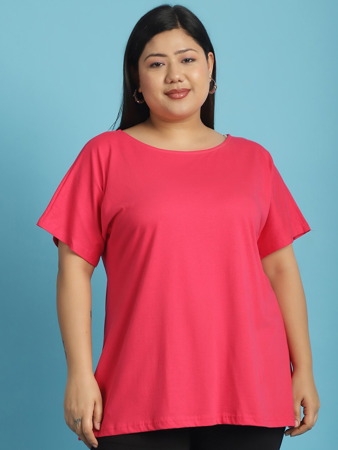 

theRebelinme Round Neck Short Sleeves Cotton Plus Size T-shirt, Fuchsia