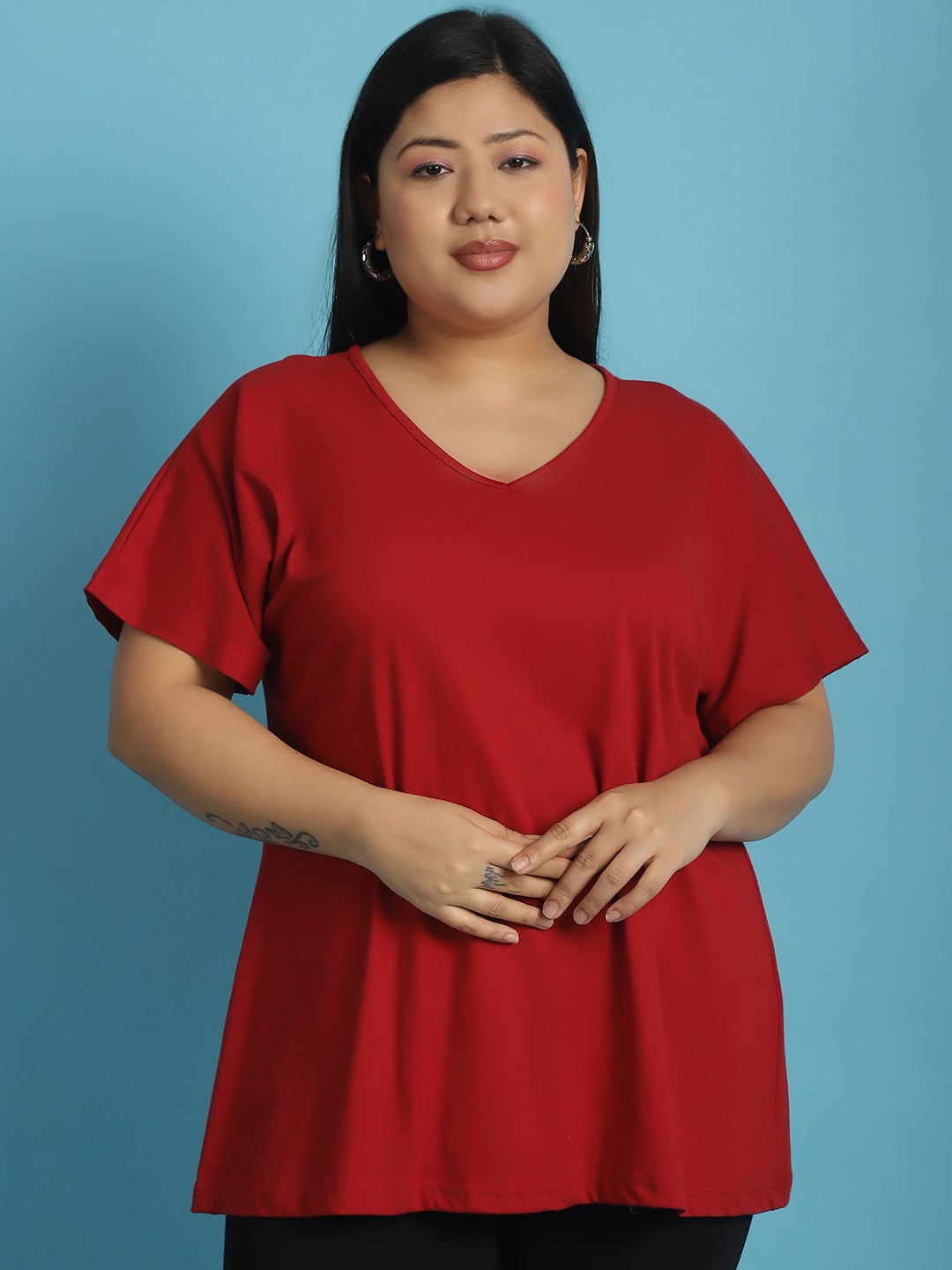 

theRebelinme V-Neck Short Sleeves Cotton Plus Size T-shirt, Maroon