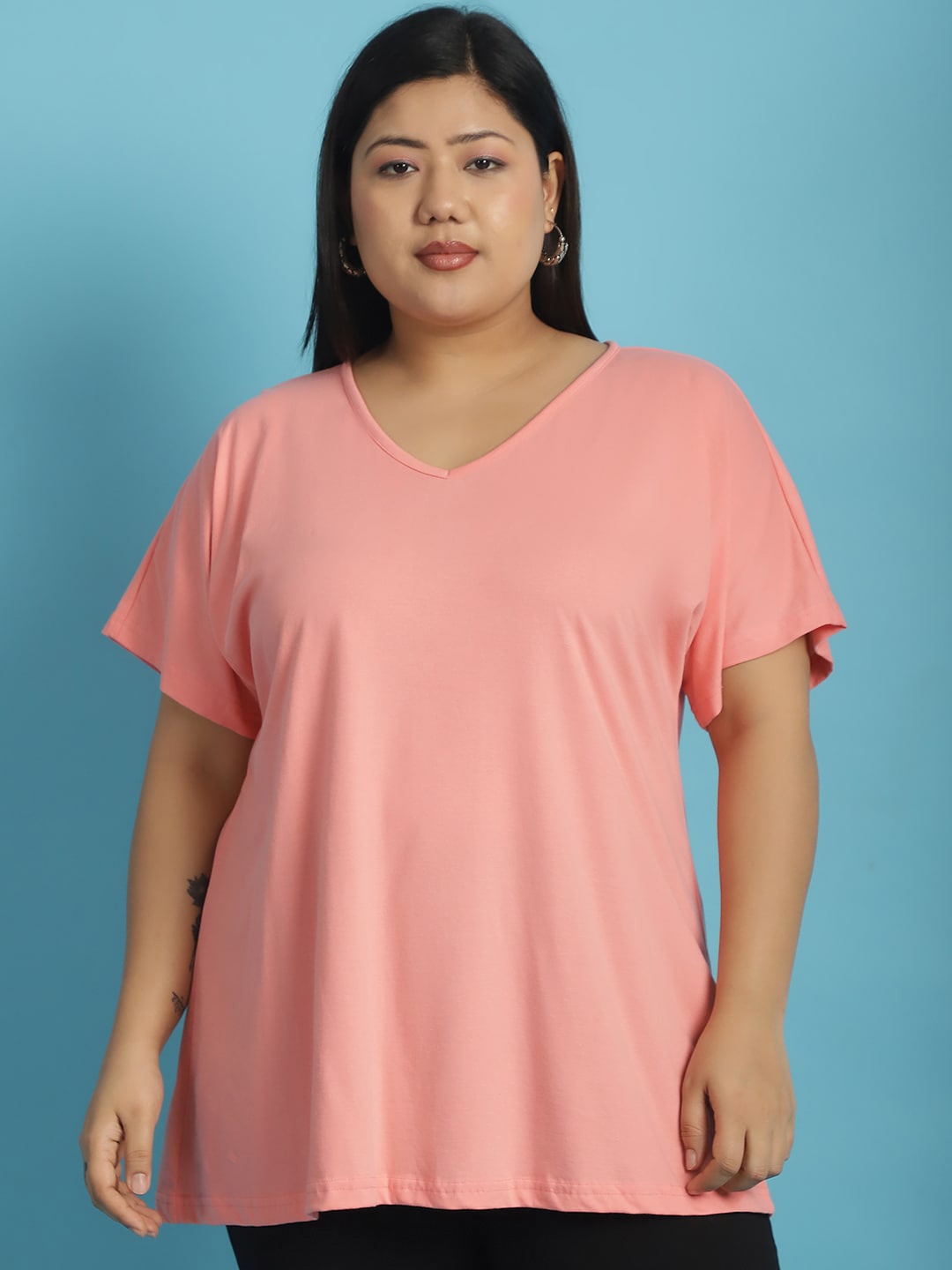 

theRebelinme V-Neck Short Sleeves Cotton Plus Size T-shirt, Peach