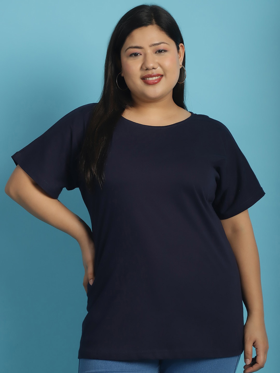 

theRebelinme Plus Size Extended Sleeves Pure Cotton T-shirt, Navy blue