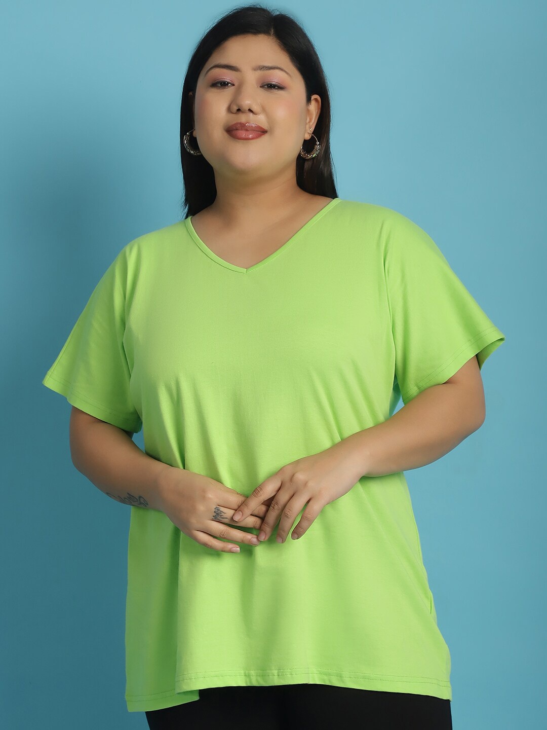 

theRebelinme Plus Size Extended Sleeves V Neck Pure Cotton T-shirt, Green
