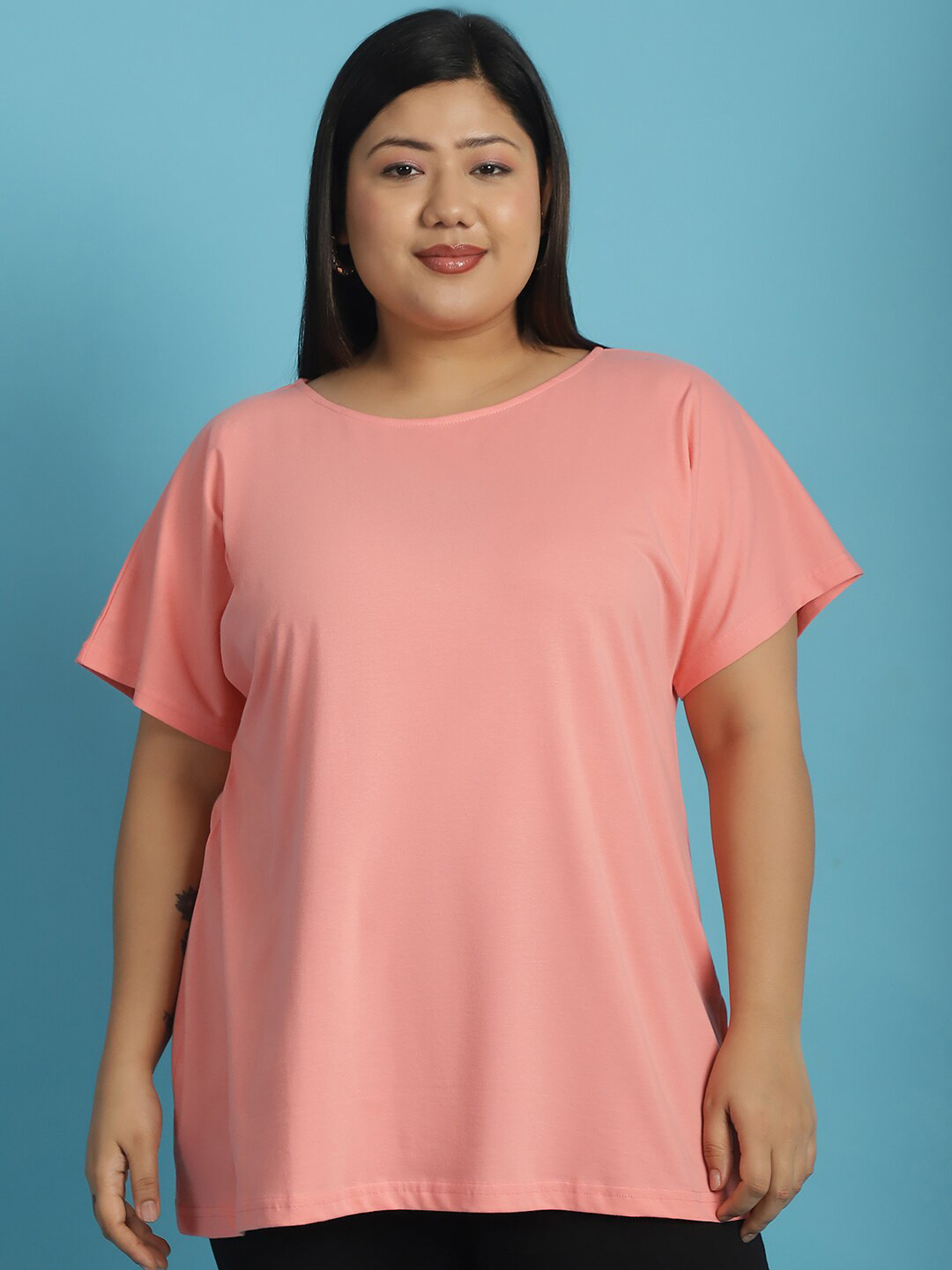 

theRebelinme V-Neck Short Sleeves Cotton Plus Size T-shirt, Peach