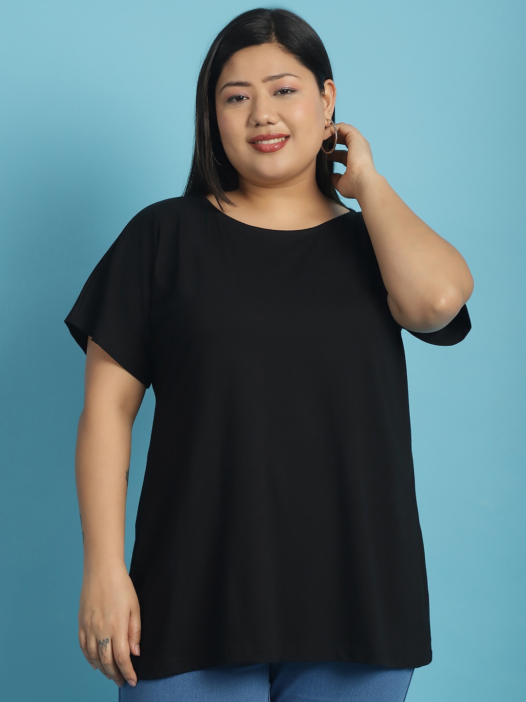 

theRebelinme Round Neck Short Sleeves Cotton Plus Size T-shirt, Black