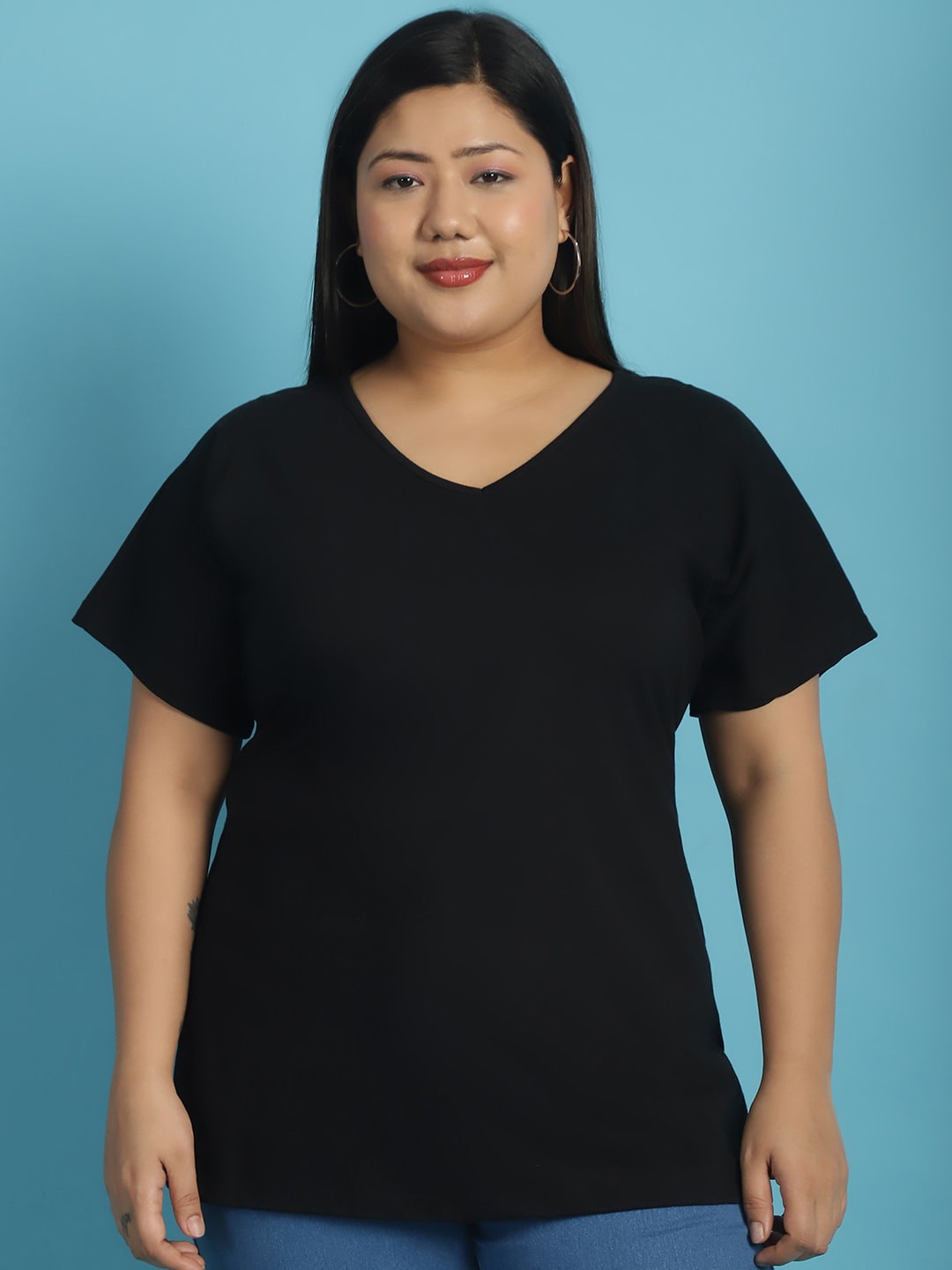 

theRebelinme V-Neck Short Sleeves Cotton Plus Size T-shirt, Black