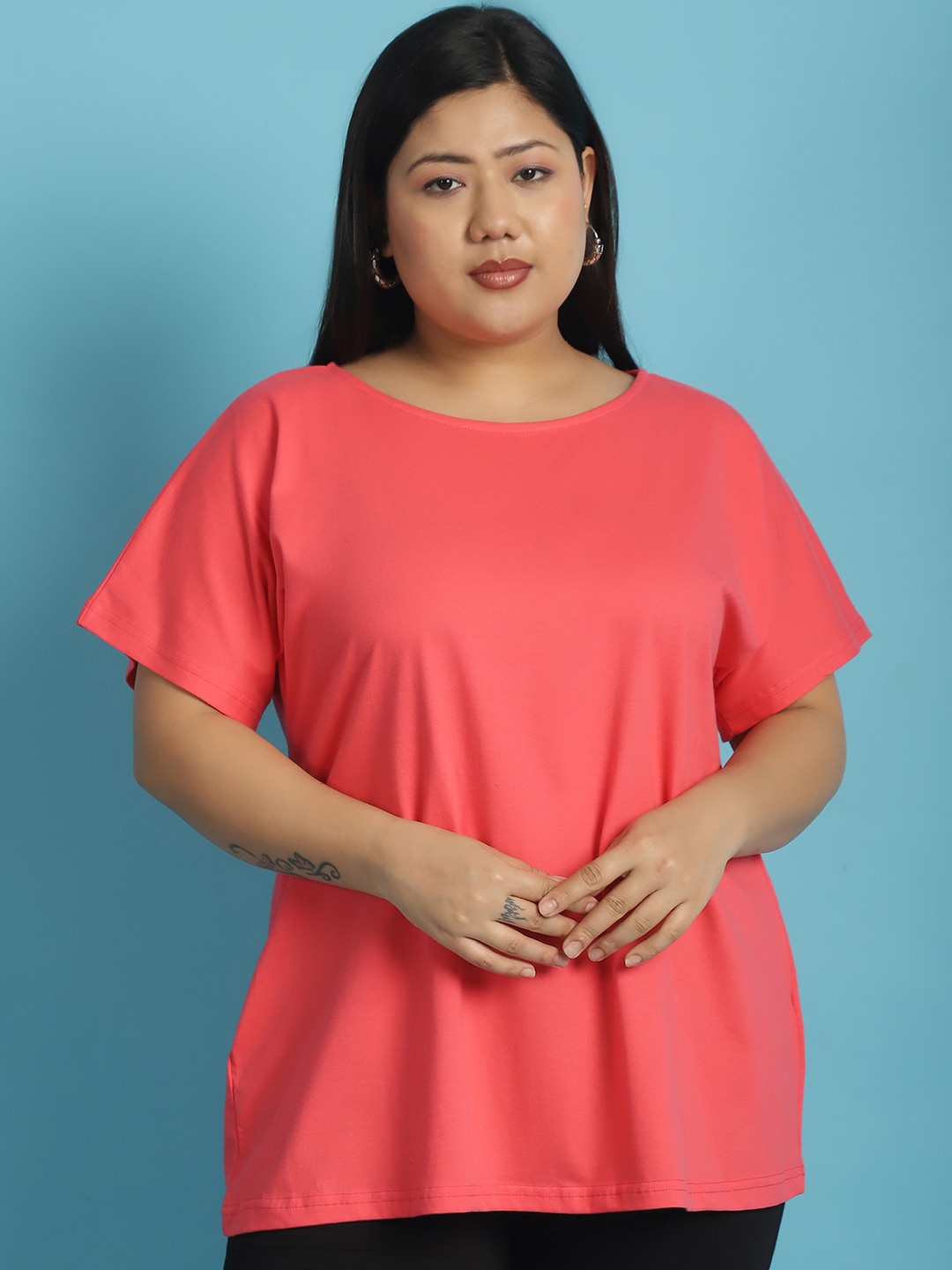 

theRebelinme Plus Size Extended Sleeves Pure Cotton T-shirt, Peach