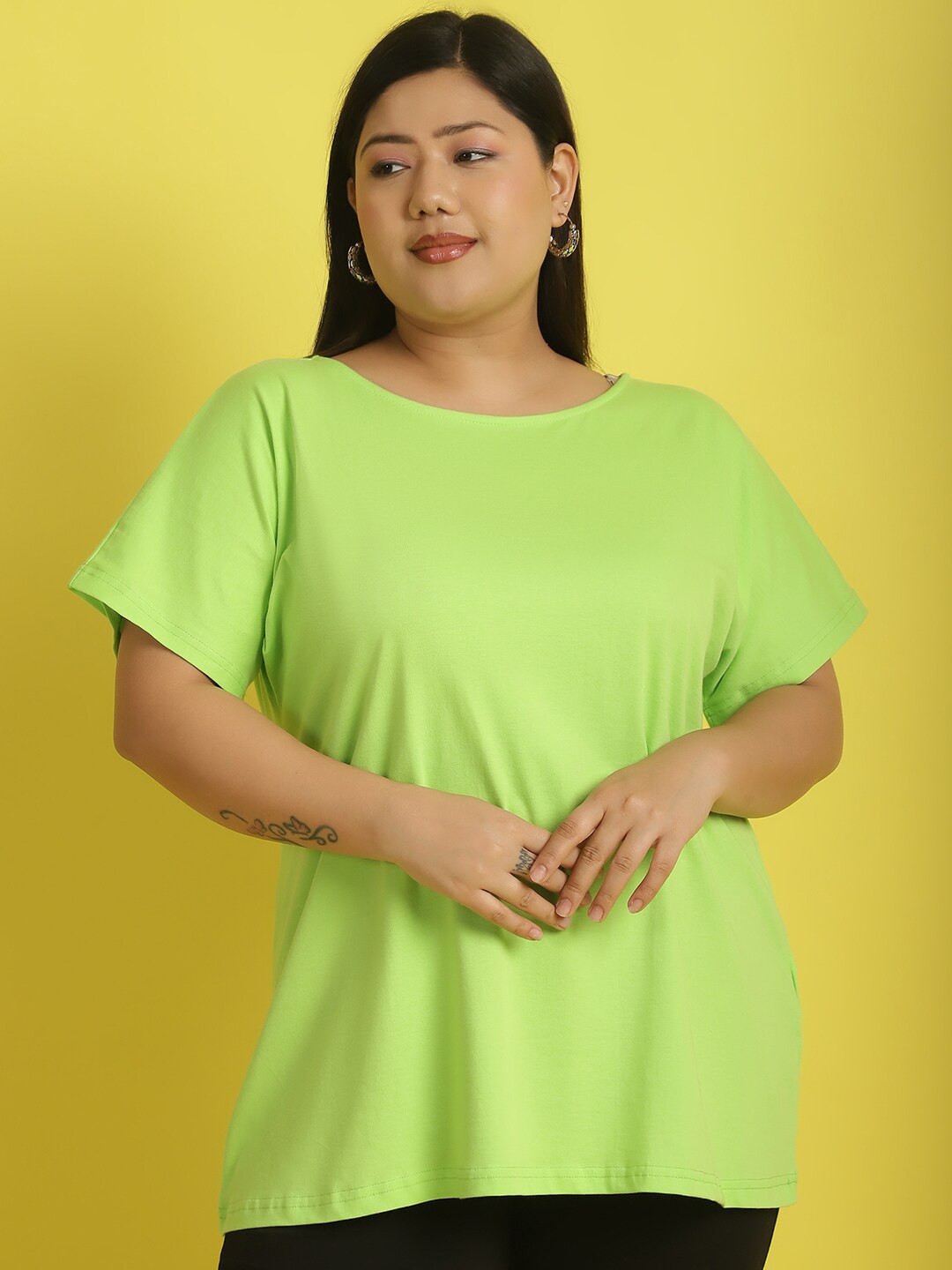 

theRebelinme Plus Size Extended Sleeves Pure Cotton T-shirt, Green