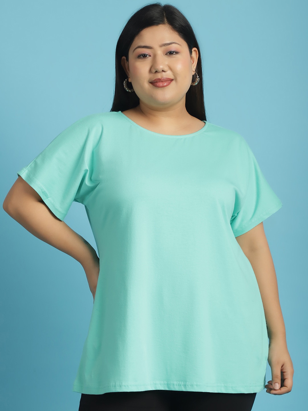 

theRebelinme Plus Size Extended Sleeves Pure Cotton T-shirt, Sea green