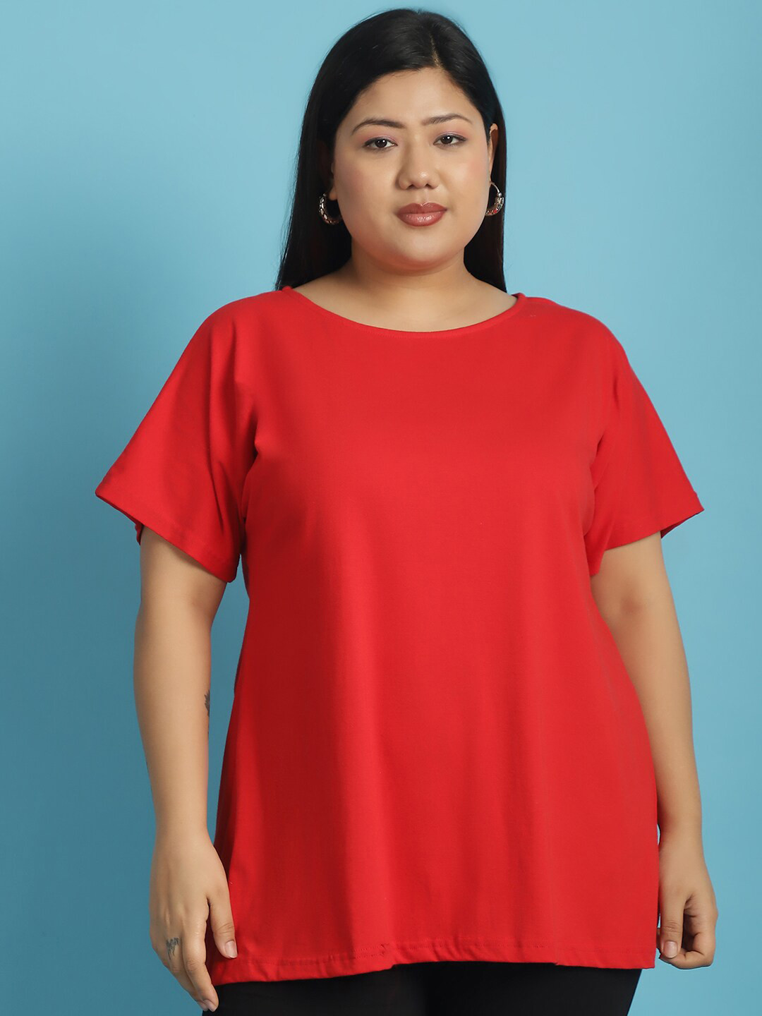 

theRebelinme Plus Size Extended Sleeves Pure Cotton T-shirt, Red