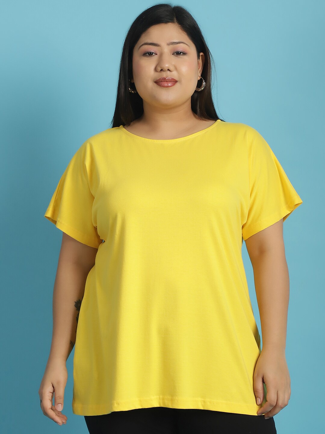 

theRebelinme Round Neck Short Sleeves Cotton Plus Size T-shirt, Yellow