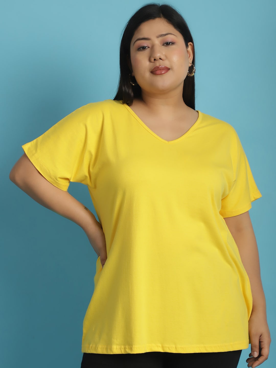 

theRebelinme V-Neck Short Sleeves Cotton Plus Size T-shirt, Yellow