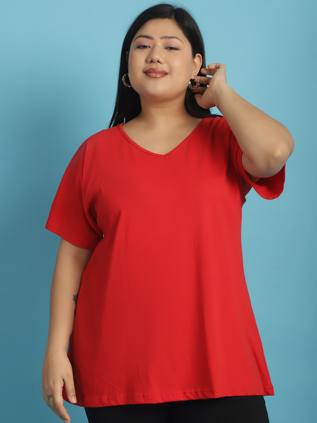 

theRebelinme V-Neck Short Sleeves Cotton Plus Size T-shirt, Red