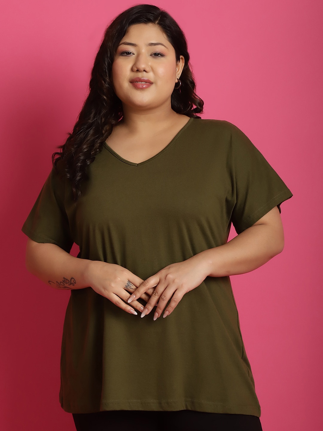 

theRebelinme Plus Size Extended Sleeves V Neck Pure Cotton T-shirt, Olive