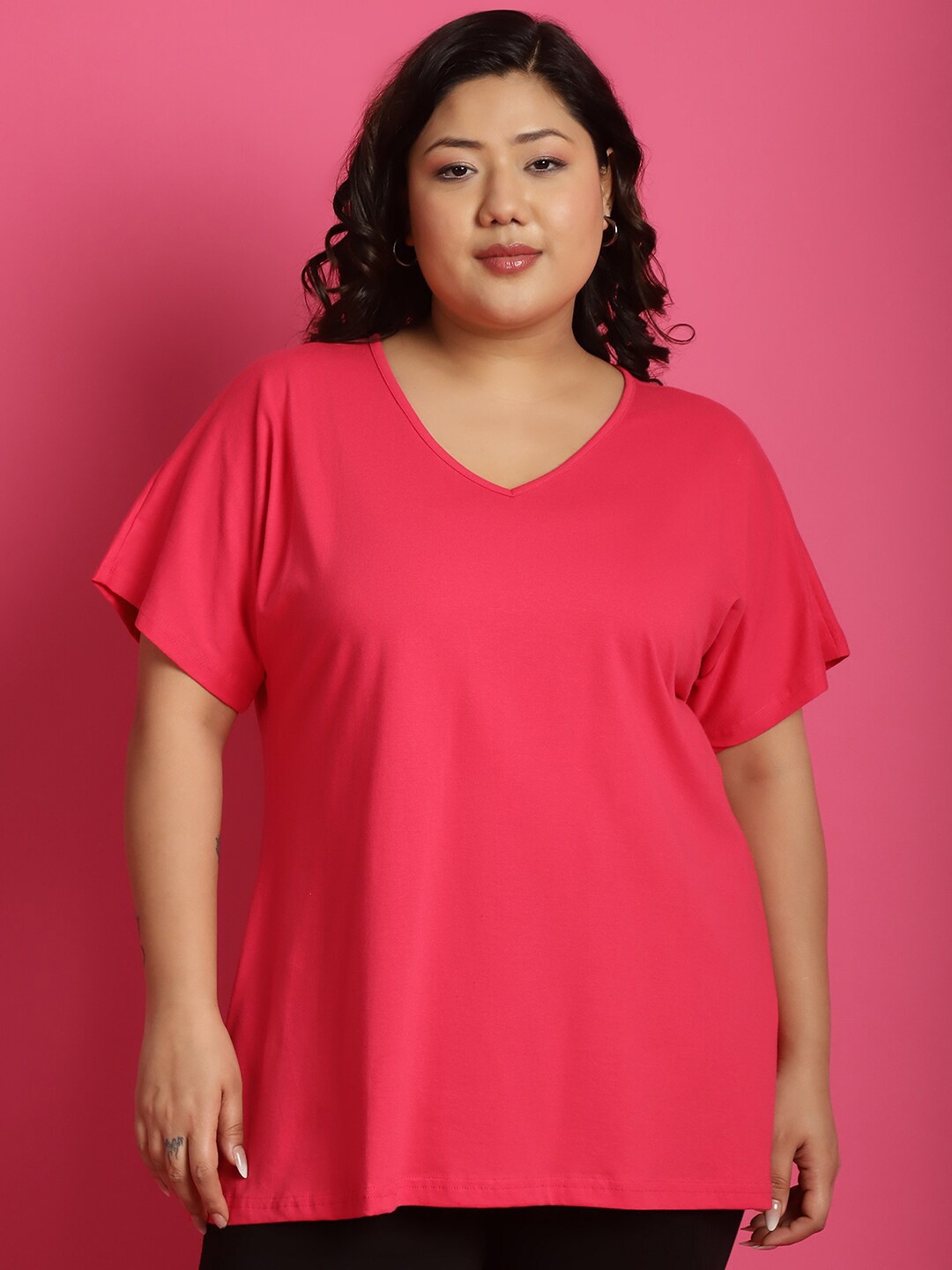 

theRebelinme Plus Size Extended Sleeves V Neck Pure Cotton T-shirt, Fuchsia