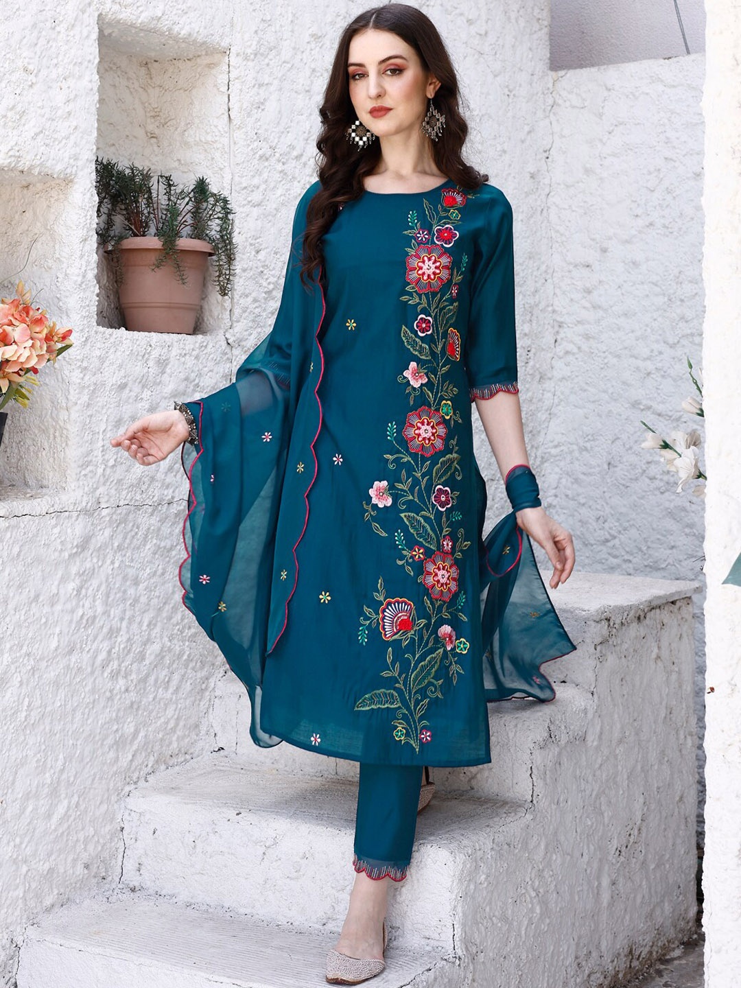 

KALINI Floral Embroidered Straight Chanderi Cotton Kurta with Trousers & Dupatta, Blue