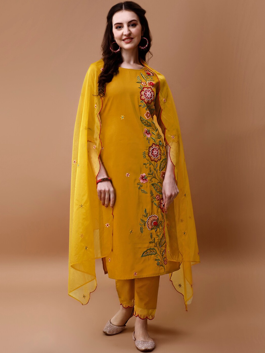 

KALINI Round Neck Ethnic Motifs Embroidered Regular Thread Work Chanderi Cotton Kurta Set, Mustard