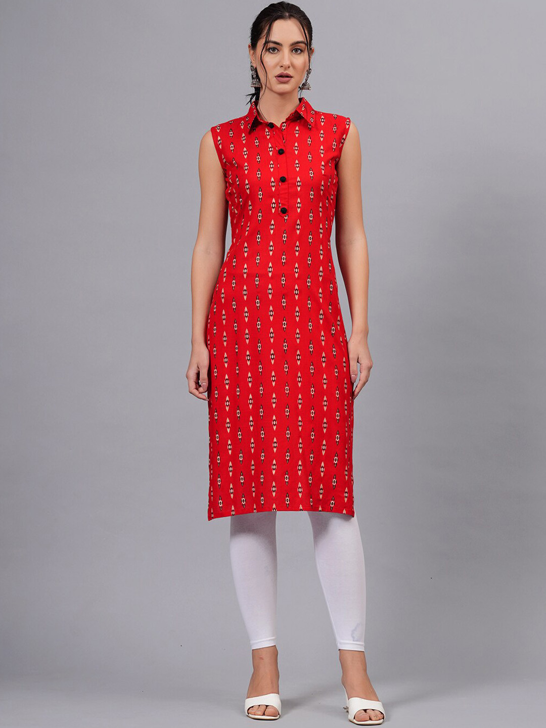 

KALINI Ethnic Motifs Printed Shirt Collar Sleeveless Straight Kurta, Red