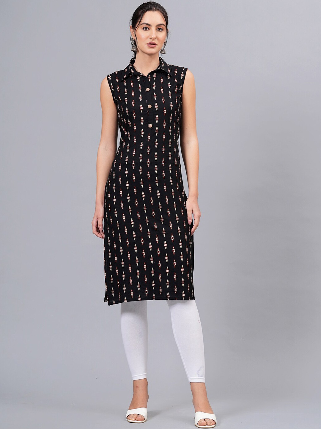 

KALINI Ethnic Motifs Printed Shirt Collar Sleeveless Straight Kurta, Black