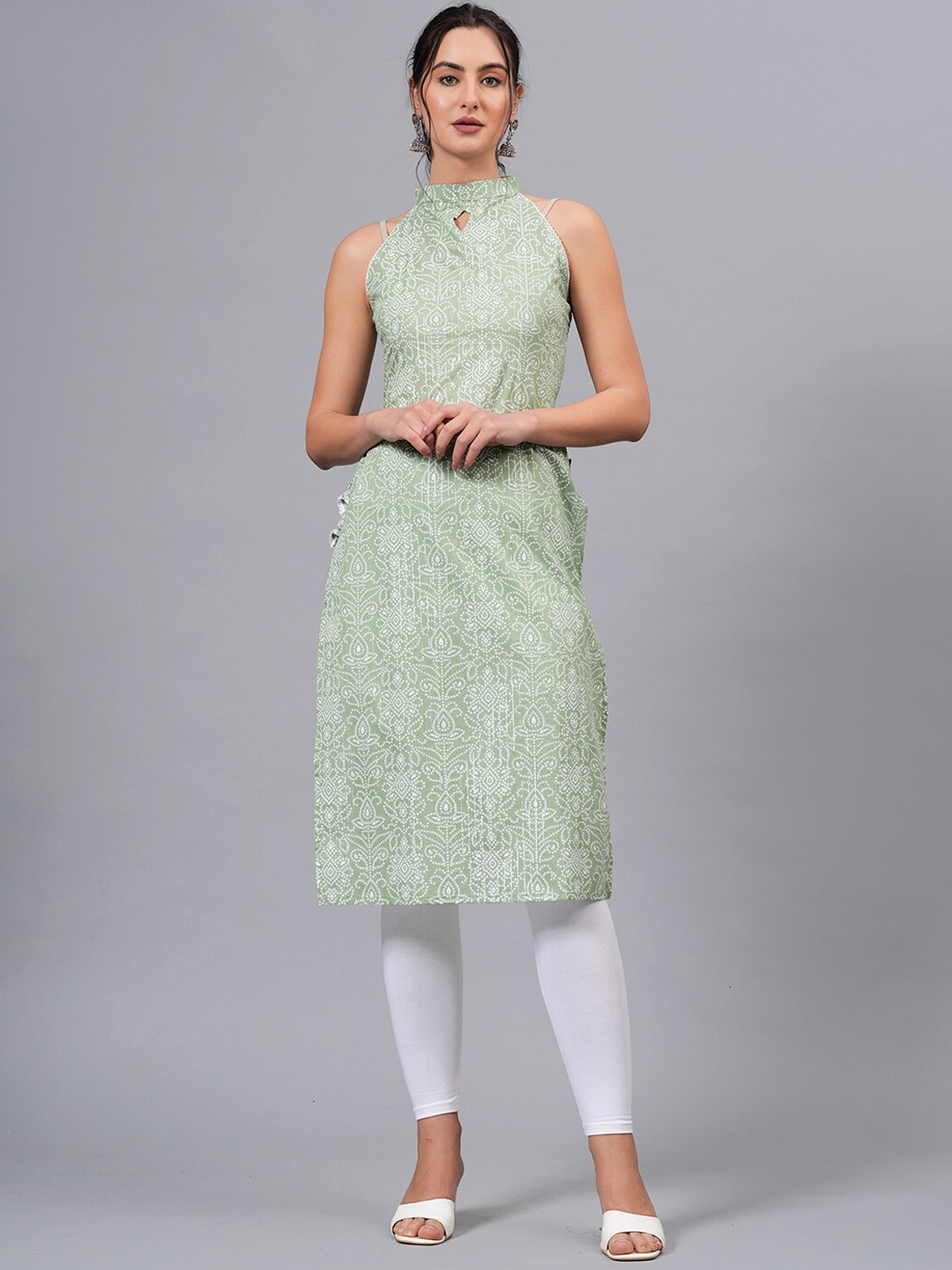 

KALINI Bandhani Printed Keyhole Neck Straight Cotton Kurta, Green