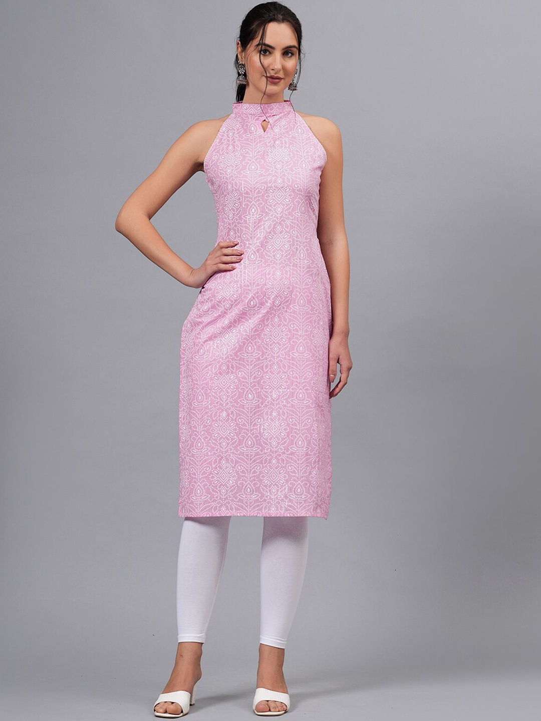 

KALINI Bandhani Printed Halter Neck Neck Sleeveless Straight Kurta, Pink