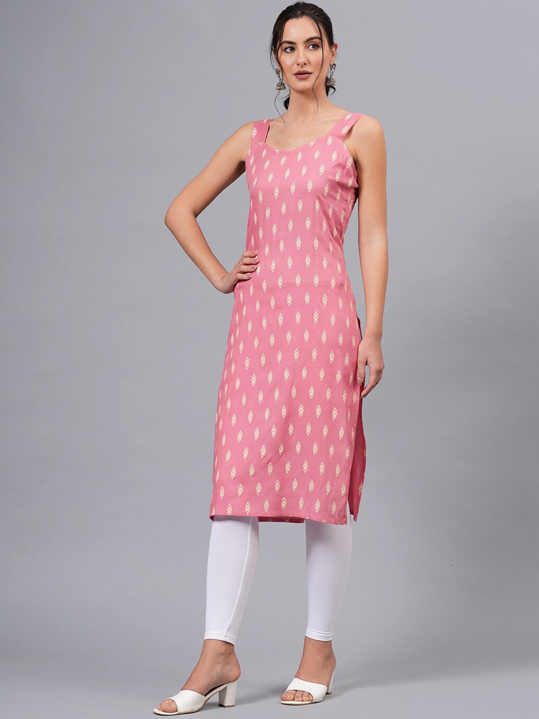 

KALINI Ethnic Motifs Printed Sweetheart Neck Sleeveless Straight Kurta, Pink