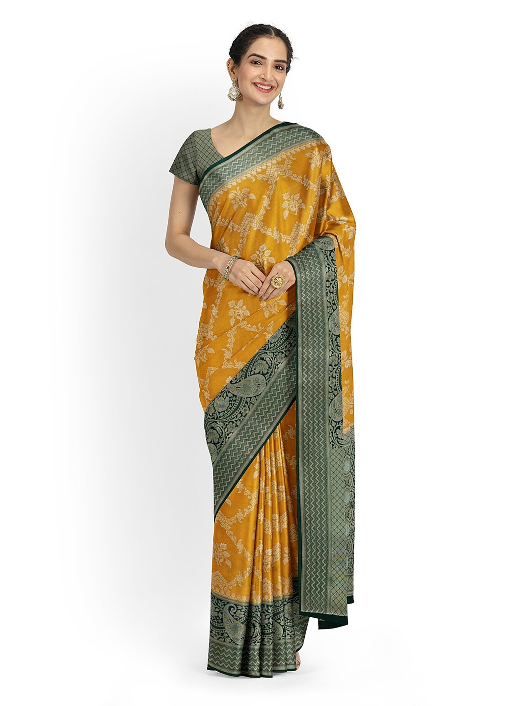 

Muskan Fashion Ethnic Motifs Woven Design Zari Pure Silk Banarasi Saree, Mustard