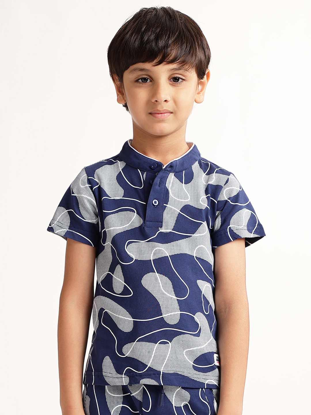 

Blue Giraffe Boys Printed Mandarin Collar Short Sleeves Cotton T-shirt, Navy blue