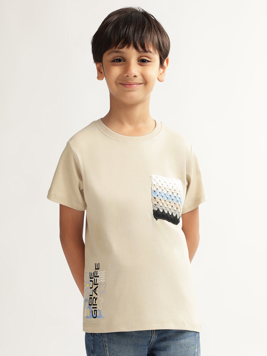 

Blue Giraffe Boys Round Neck Typography Cotton T-shirt, Beige