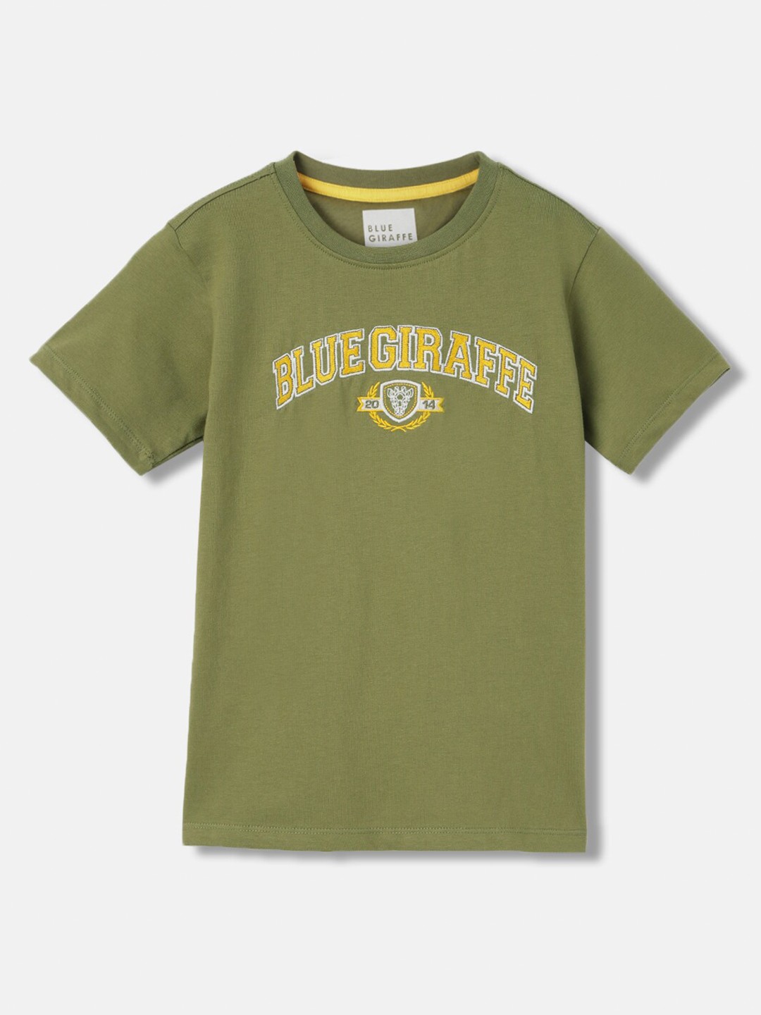 

Blue Giraffe Boys Typography Printed Round Neck Short Sleeves Cotton T-shirt, Olive