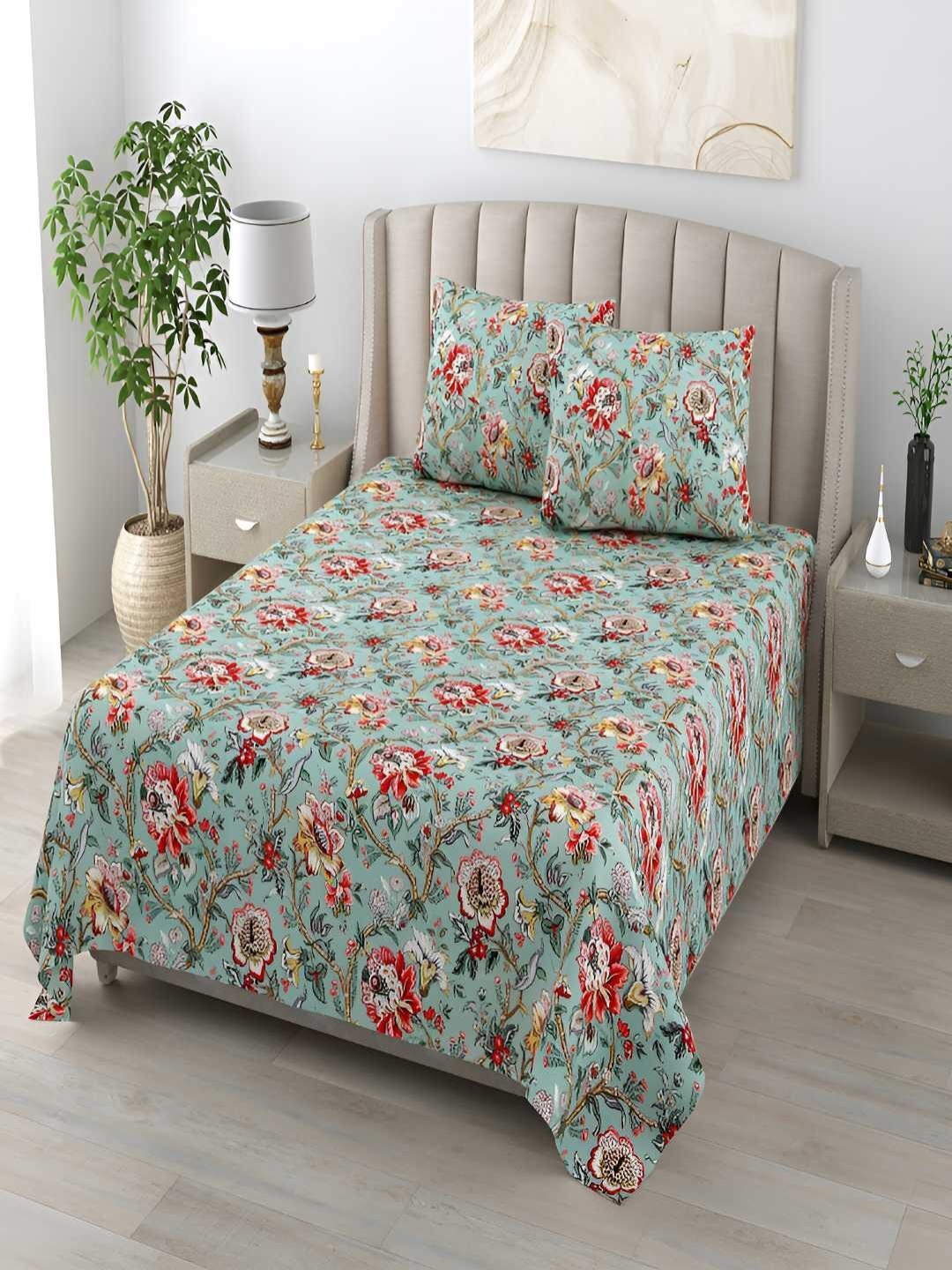 

tundwal's Red & Green Floral 210 TC Single Bedsheet with 1 Pillow Covers