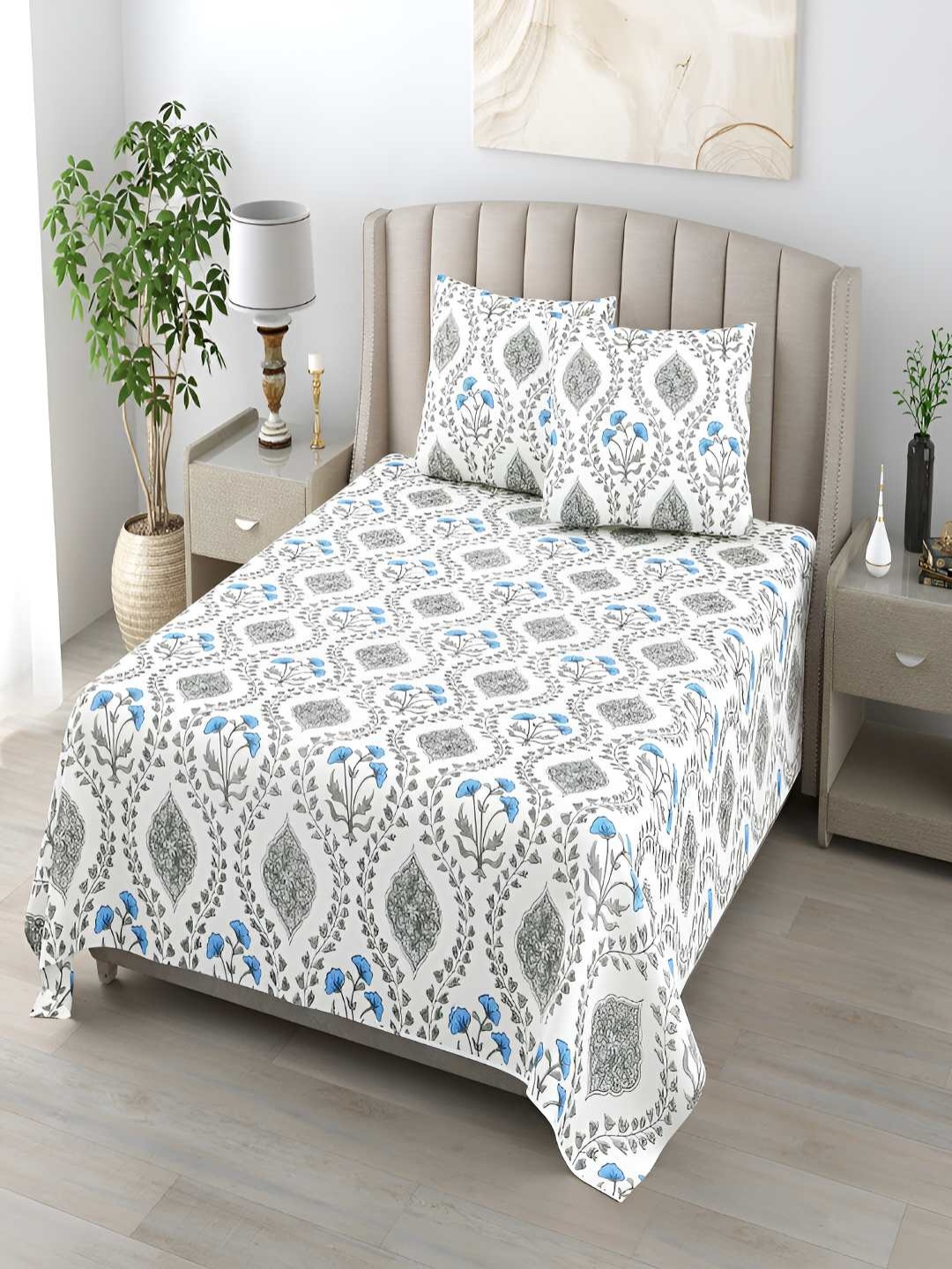 

tundwal's Blue & White Floral 210 TC Single Bedsheet with 1 Pillow Covers