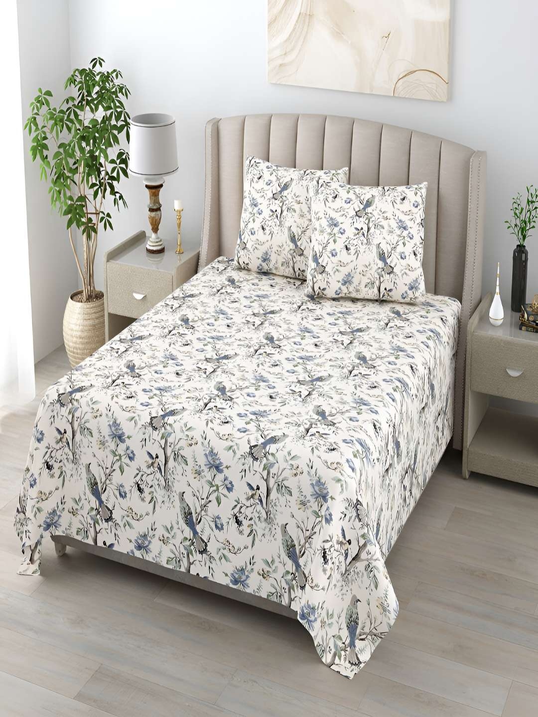 

tundwal's Grey & Blue Floral Cotton 210 TC Queen Bedsheet with 2 Pillow Covers