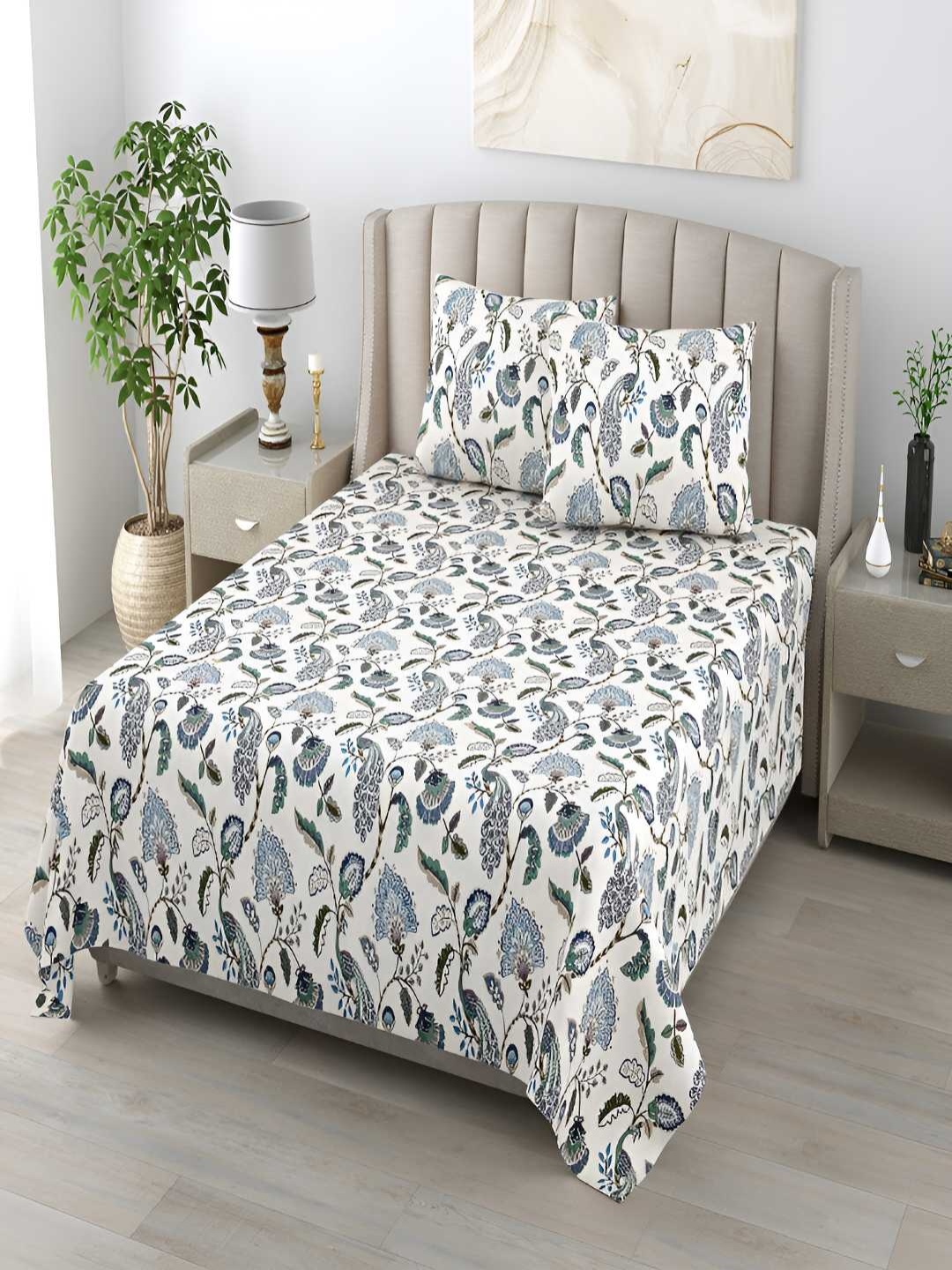 

tundwal's Blue & White Floral Cotton 210 TC Queen Bedsheet with 2 Pillow Covers
