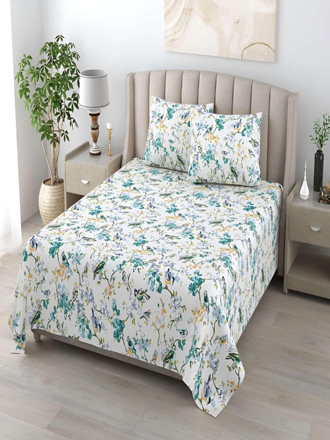 

tundwal's White & Blue Floral 210 TC Single Bedsheet with 1 Pillow Covers