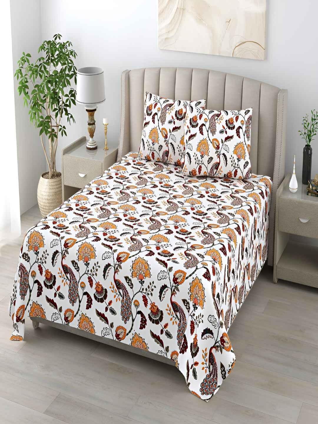 

tundwal's Orange & White Floral Printed Cotton 210 TC Queen Bedsheet With 2 Pillow Covers