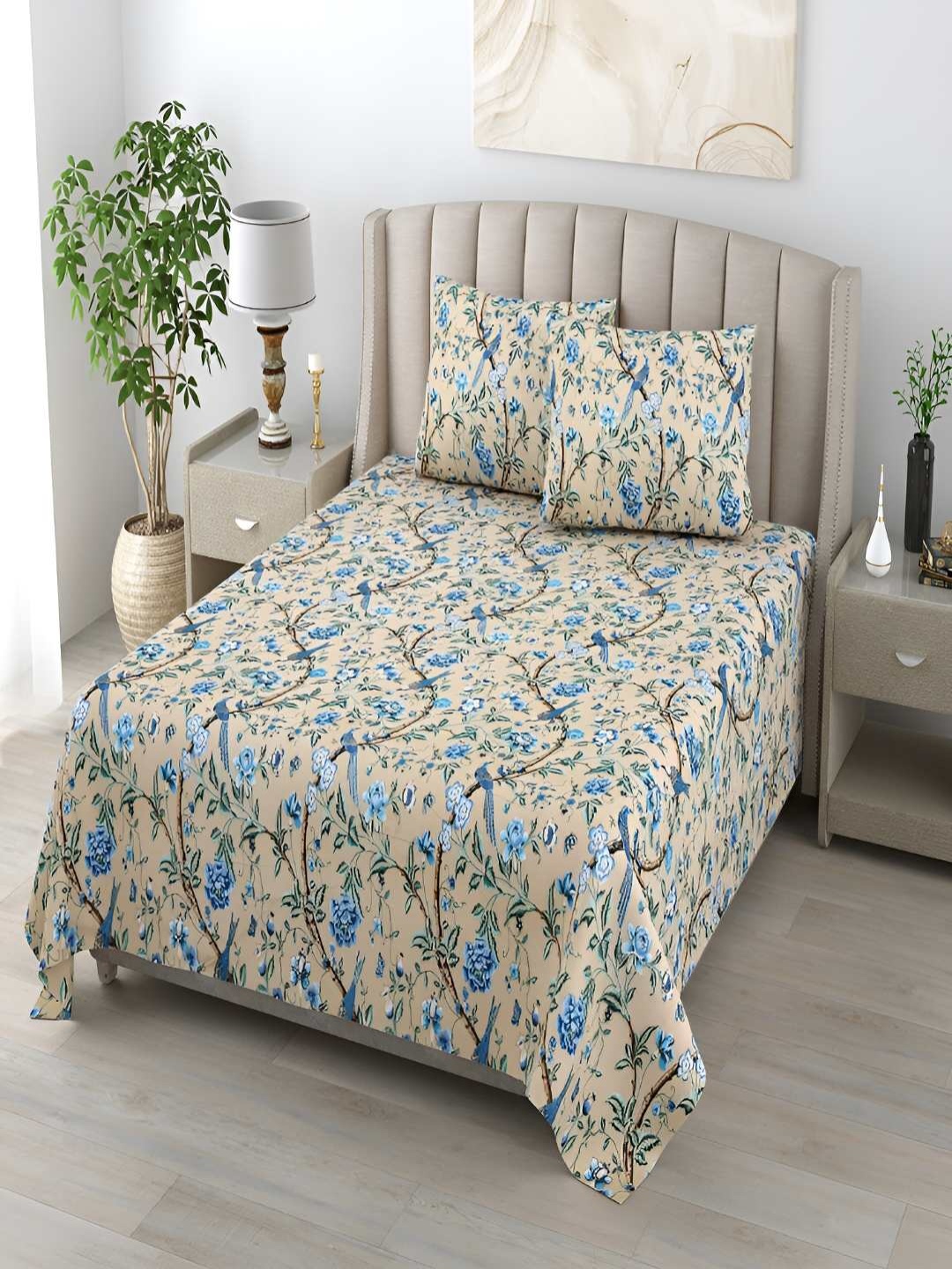 

tundwal's Gunmetal-Toned Floral 210 TC Single Bedsheet with 1 Pillow Covers, Metallic