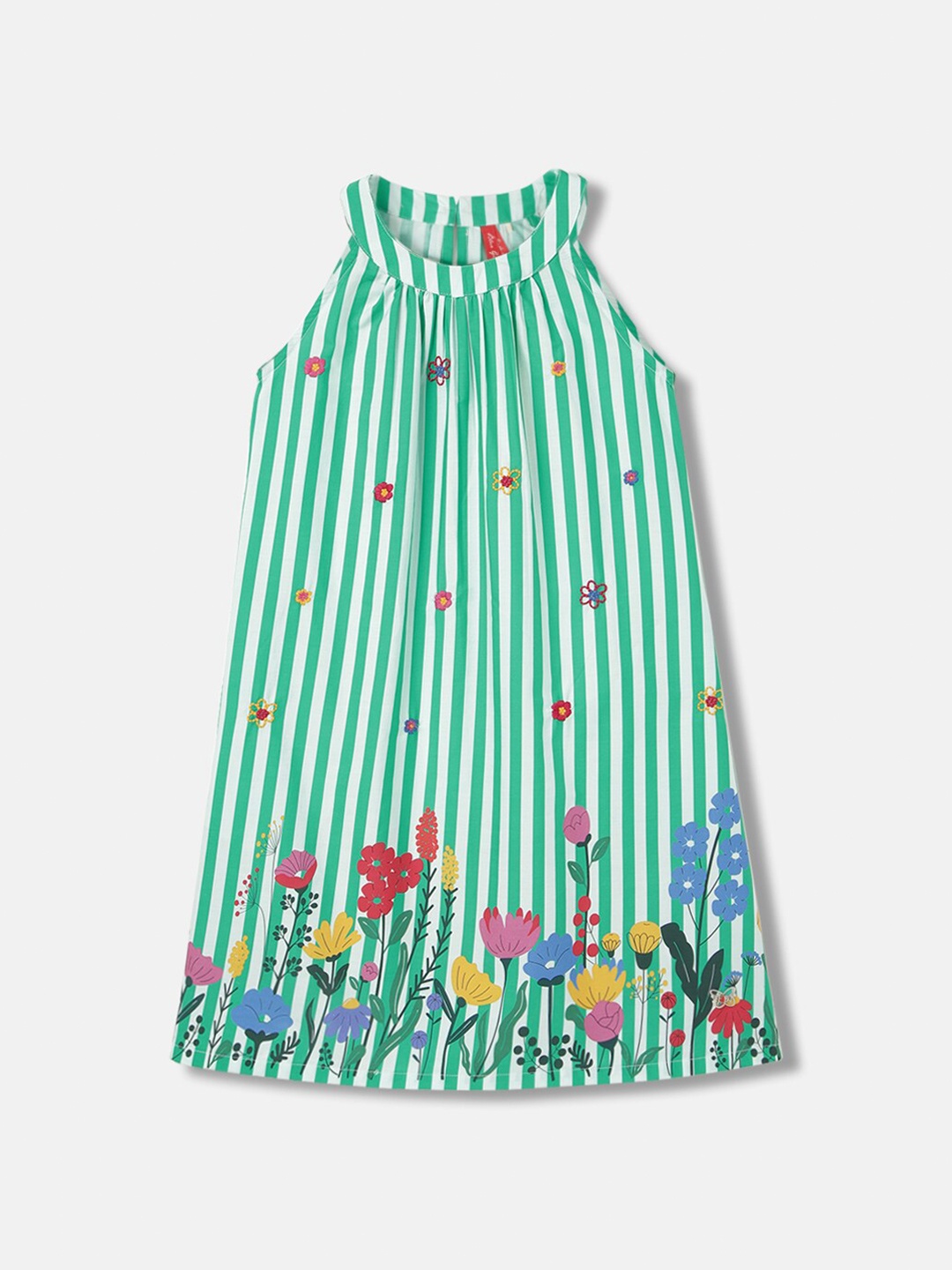 

Blue Giraffe Girls Floral Print Round Neck Sleeveless Cotton A-Line Dress, Green