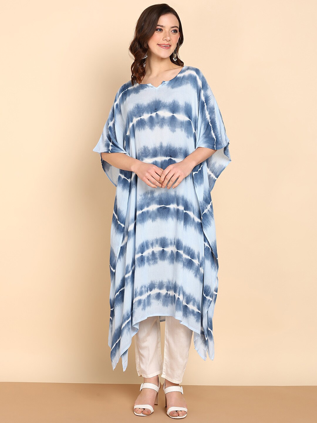 

Maaesa Tie and Dyed Kimono Sleeve Crepe Kaftan Midi Dress, Turquoise blue