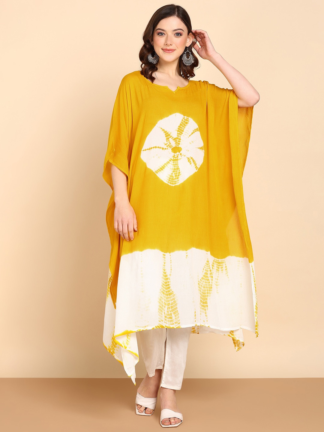 

Maaesa Tie and Dyed Kimono Sleeve Crepe Kaftan Midi Dress, Yellow