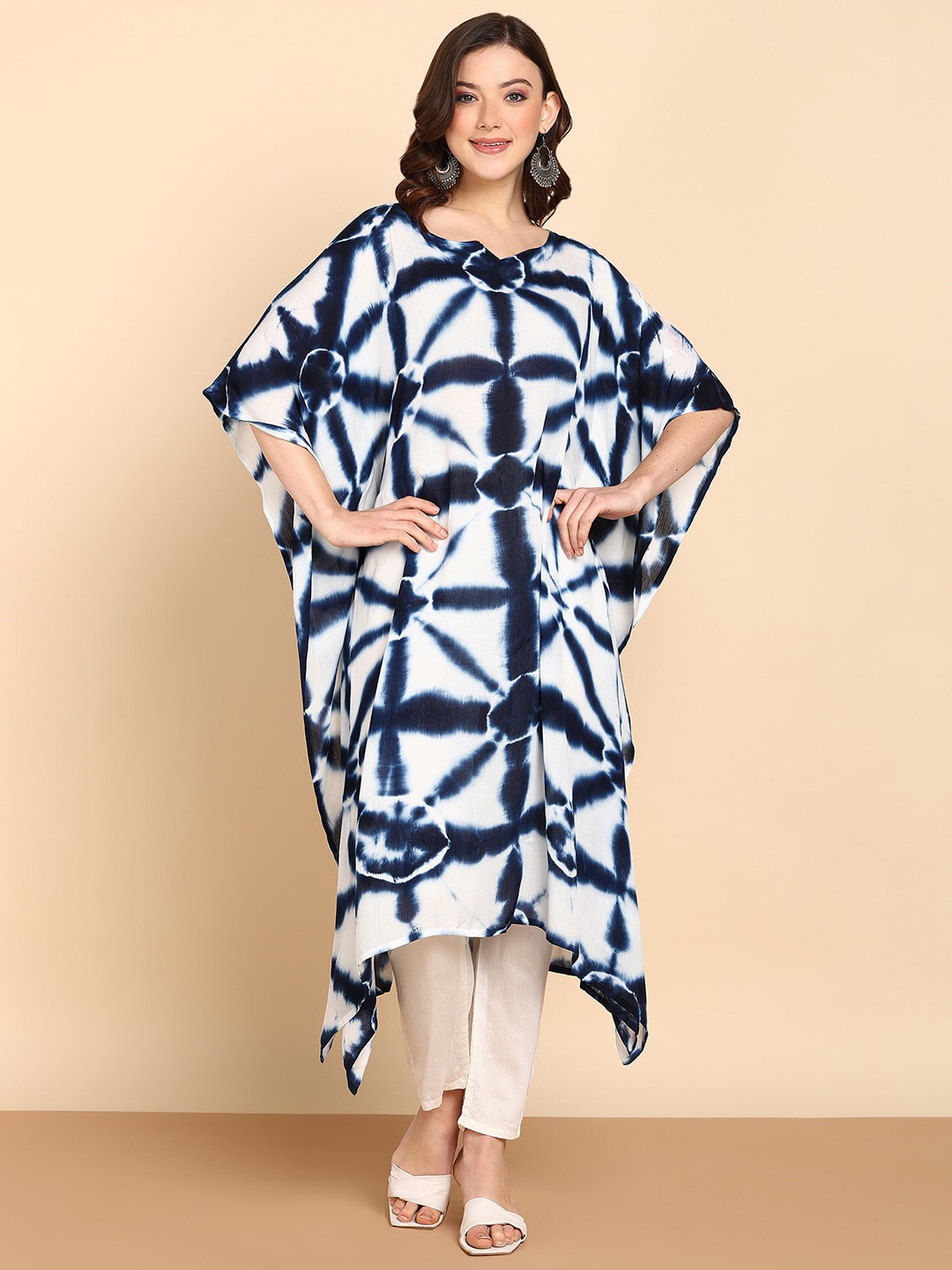 

Maaesa Tie and Dyed Kimono Sleeve Crepe Kaftan Midi Dress, White