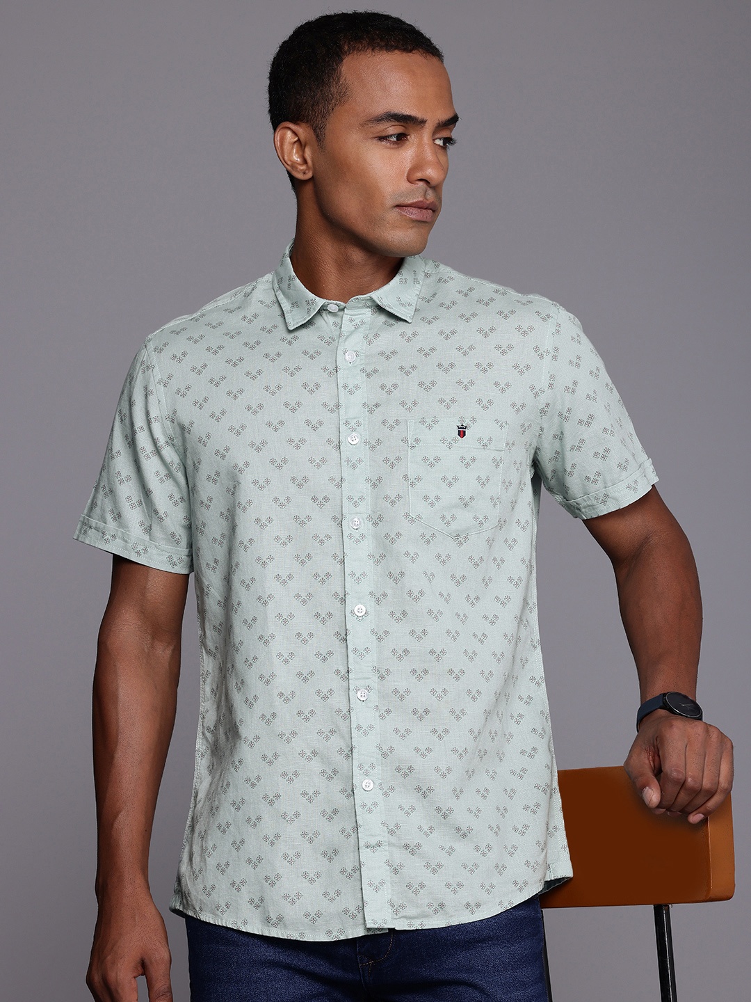

Louis Philippe Jeans Linen Cotton Slim Fit Opaque Printed Casual Shirt, Turquoise blue