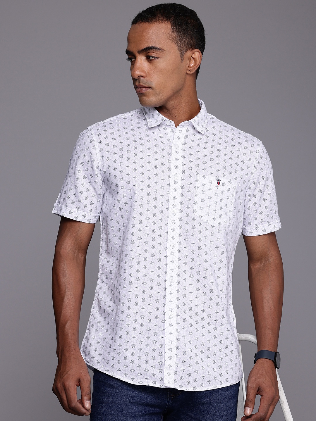 

Louis Philippe Jeans Linen Cotton Slim Fit Opaque Printed Casual Shirt, White