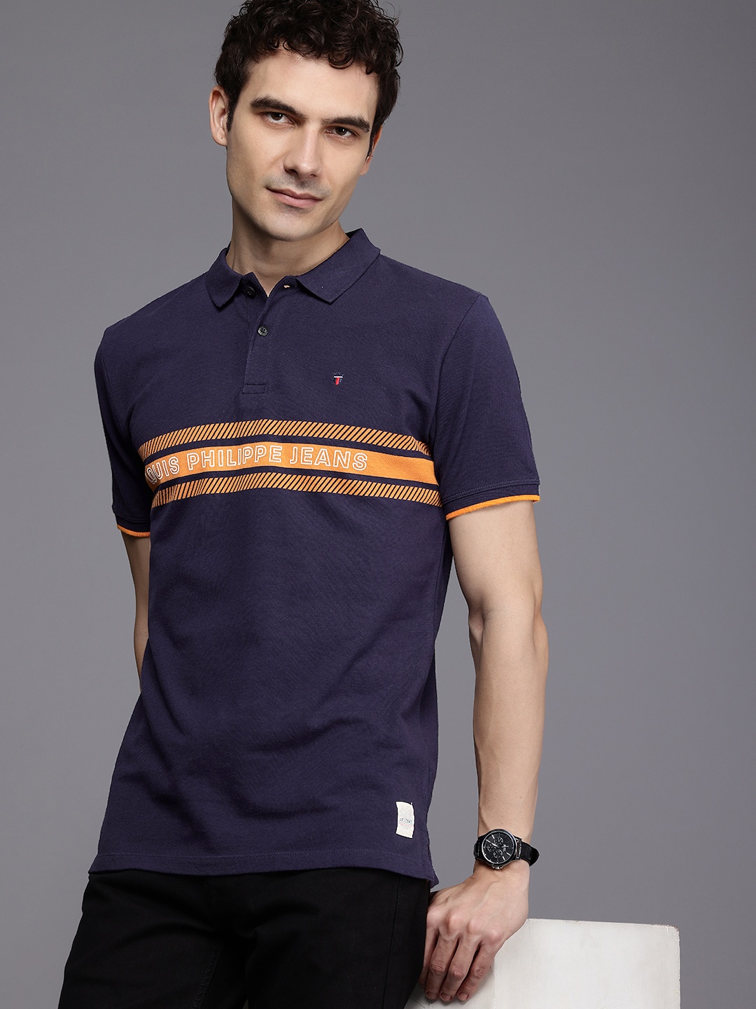 

Louis Philippe Jeans Striped Polo Collar Pure Cotton Slim Fit T-shirt, Navy blue