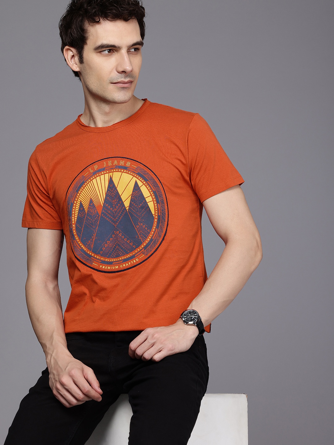 

Louis Philippe Jeans Printed Pure Cotton Slim Fit T-shirt, Rust